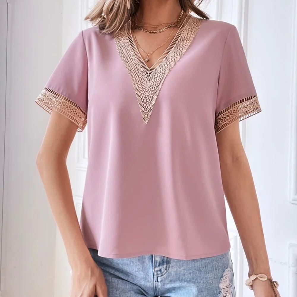 Bohemian Royal Blue V neck Lace Solid Minimalist Blouse - Picture 3 of 13